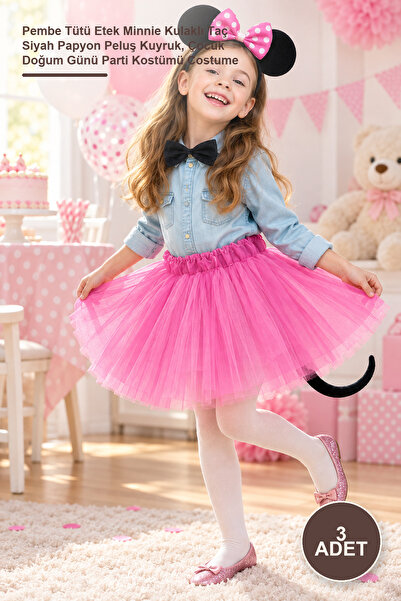 Yenilig 3Pcs Minnie Costume Set - Pink Tutu Skirt Minnie Ears Crown Black Bow...