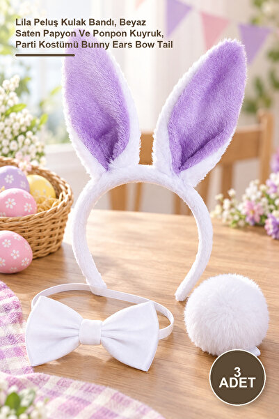 Yenilig 3 Piece Bunny Ear Headband Bow Tie Tail Set – Lilac Plush Ear Headban...