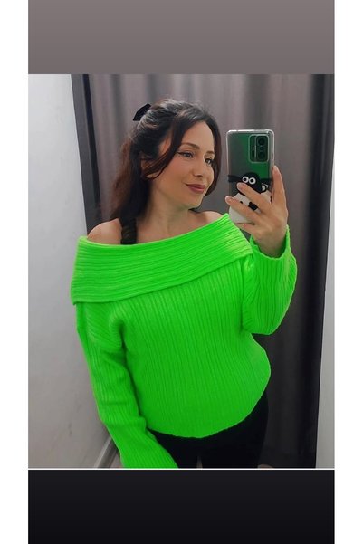 Genel Markalar Neon Yeşil Düşük Omuz Triko Kazak!