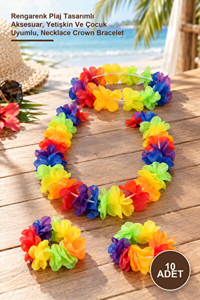 Yenilig 10 Pieces Hawaiian Necklace Crown Bracelet Set – Colorful Beach Desig...