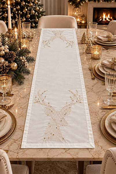 desicap New Year's Deer Figure Embroidered Premium Runner – 40 × 140 cm |   N...