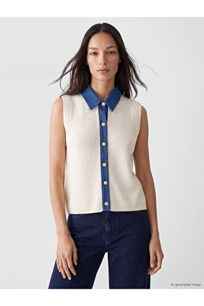 LC Waikiki Ozmarka New Season White Jean Shirt Collar Women's Knitwear Vest