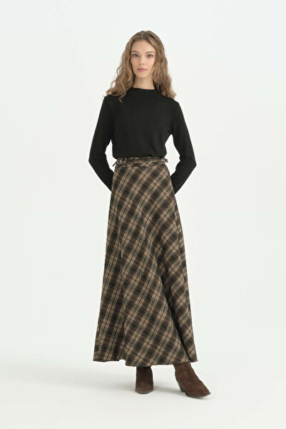 Nihan Plaid Skirt with Belt Detail - Brown