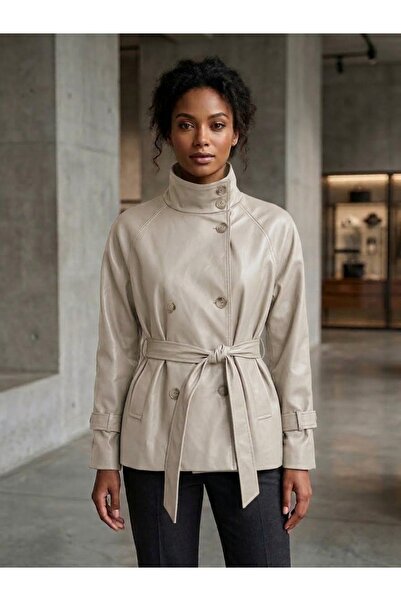 asyadabutik Women's Leather Mock Neck Jacket