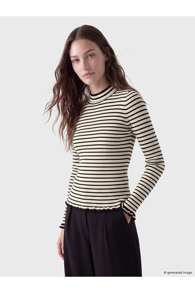 LC Waikiki Vizyon New Season Black High Collar Striped Women's Knitwear Sweater