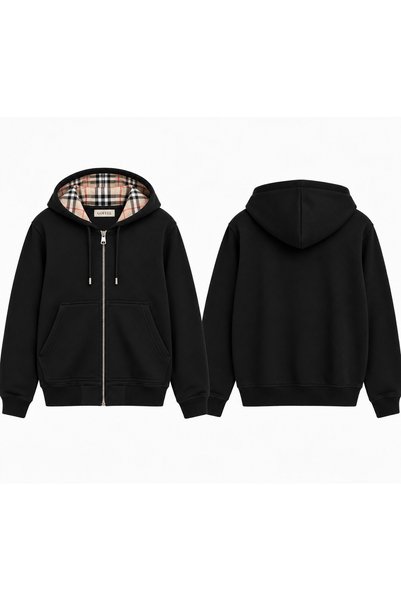 Gofeel Ekose İç Detaylı Fermuarlı Kapüşonlu Hoodie Zip Hırka