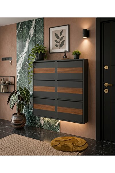 Moemi 3+3 AHŞAP DESENLİ ANTRASİT METAL AYAKKABILIK 12 ÇİFT