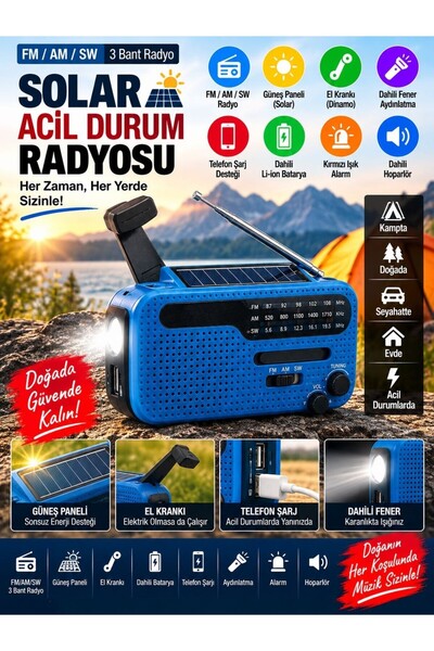 VEROXA Güneş Panelli Acil Durum Radyosu Fm Am Sw El Kranklı Şarjlı Fener USB ...