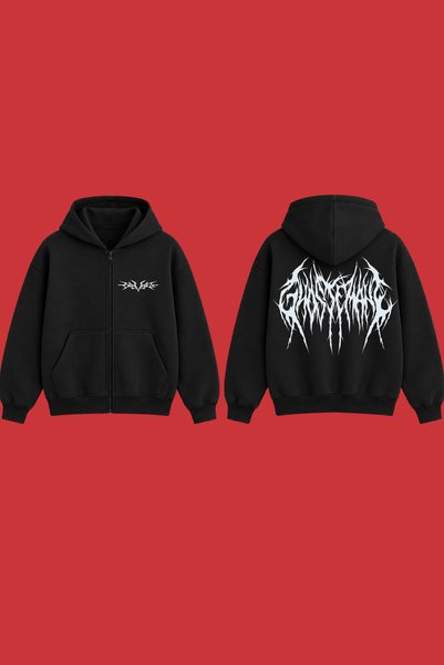 Dupe Design Baskılı Fermuarlı Kapüşonlu Hırka Unisex Oversize Siyah Hoodie Streetwear Erkek Kadın
