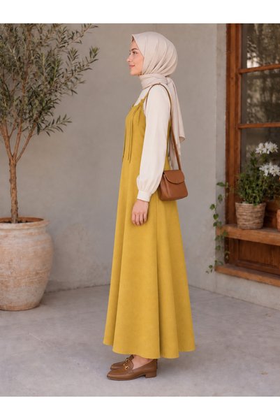 ELMODA Women's Mustard Yellow Adjustable Strap Gilet Dress