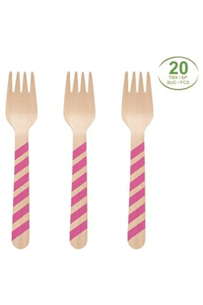 OEM Furculite din Lemn cu Dungi Fucsia 16cm - 20buc