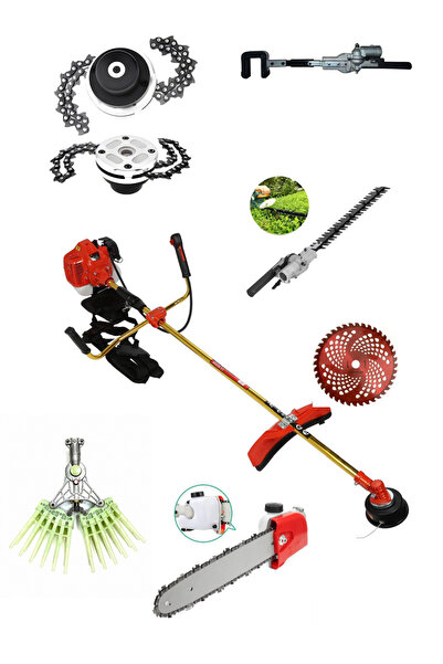 52 Cc Benzinli Motorlu Tırpan + 5'li Aparat Seti - Çift Zincirli Kesim - Çok Amaçlı Hasat ve Silkme - Çit Budama -12" Dal Budama - Çift Sıralı Taraklı Hasat Başlığı