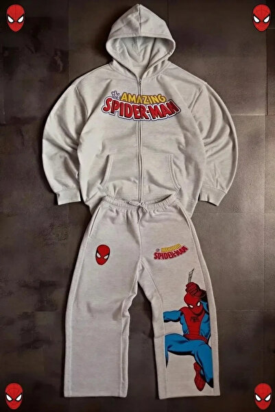 Violon Spider-Man Detailed Gray Bottom-Top Unisex Oversize Tracksuit Set