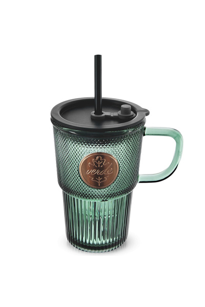Orion Cană de sticlă VERDE cu capac și pai 450 ml