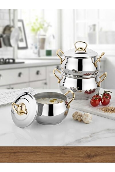 İnter Çelik Gold 3-Piece Gülistan Mini Gold Steel Casserole Set Stainless Ste...