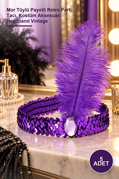 Yenilig 5 Pcs Charleston Hair Band – Purple Feathered Sequined Retro Party Cr...