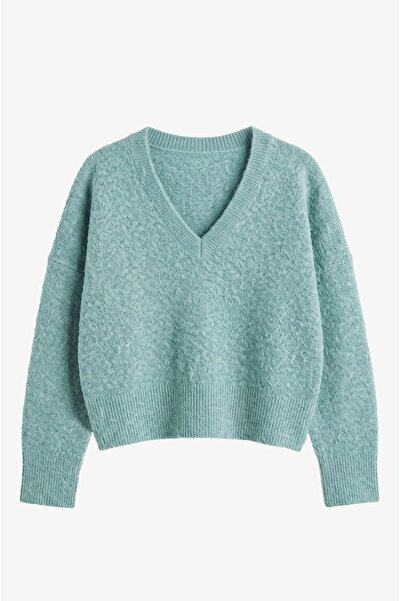 Havoş Minzgrüner Pullover mit V-Ausschnitt und weicher Textur