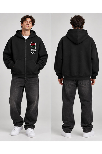 Dupe Design Hanorac oversize unisex, negru, cu fermoar, cu glugă, cu imprimeu...