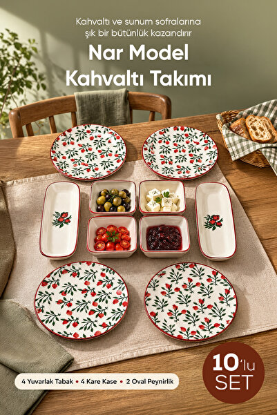 Vienev 10 Parça Nar Model Seramik Kahvaltı Takımı - Sofra Servis Seti 4x(Yuva...