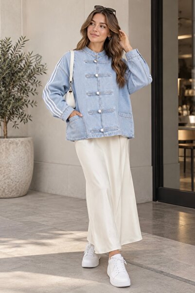 ASTEMİA Women's Striped Detailed Oversize Buttoned Denim Jacket Sb0062