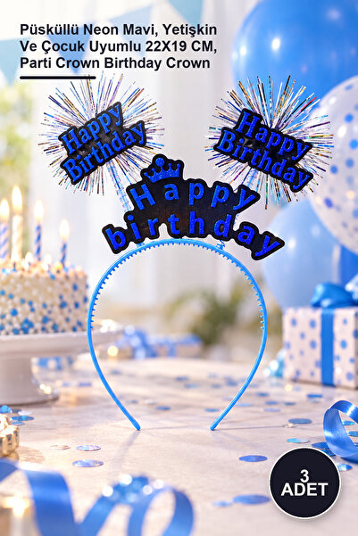 Yenilig 3 Pieces Birthday Crown – Neon Blue with Tassels, Suitable for Adults...