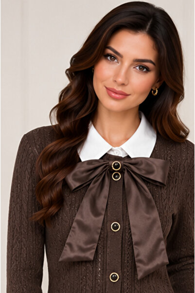 NO BRAND Cardigan damă tricotat cu guler alb și fundă detașabilă – maro