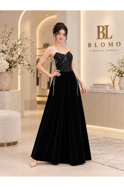BLOMO فستان سهرة مخملي بتطريز لامع – أسود وبرغندي