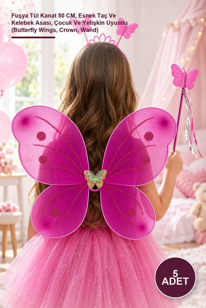 Yenilig 5-Piece Butterfly Girl Set – Fuchsia Tulle Wings 50 Cm, Flexible Crow...