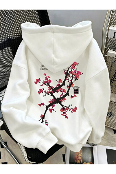 OVER HEAD Women's Sakura Flower Printed 3 Thread Oversized Hoodie Sweatshirt