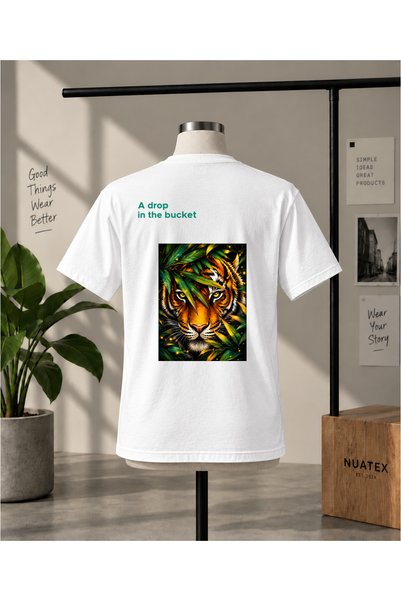 NUATEX White T-Shirt with Tiger Figure Premium Front and Back Printed Short S...