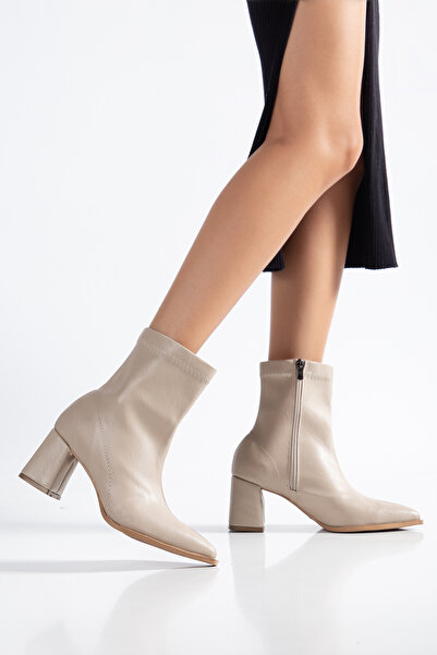 SEDRİK Pointed Toe Thick Heeled Side Zipper Beige Stretch Boots