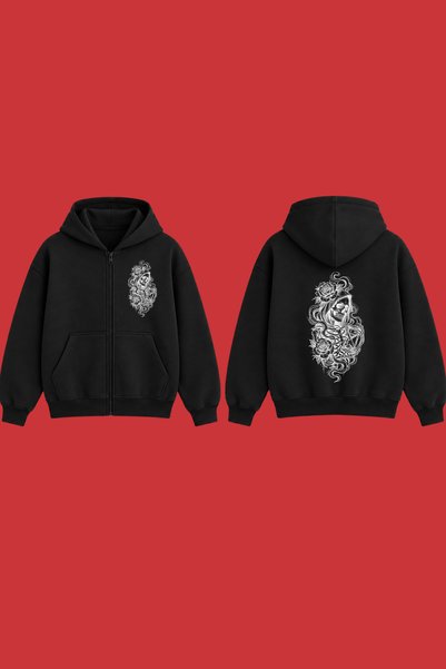 Dupe Design Hanorac unisex gotic supradimensionat, cu fermoar și glugă, cu imprimeu cu schelet și trandafiri, îmbrăcăminte gotică de stradă, negru