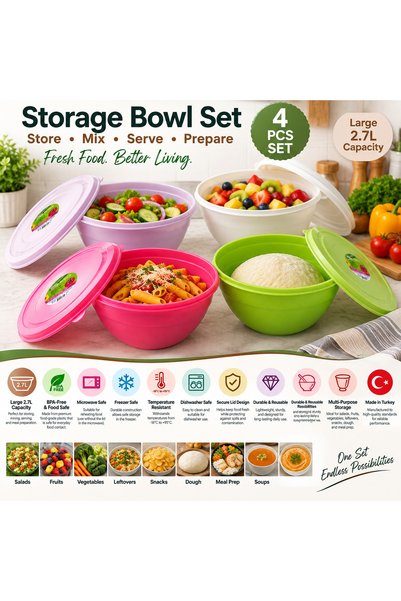 Üçsan Plastik 4-Piece 2.7L Multipurpose Food Storage Bowl Set with Lids, BPA-Free, Microwave, Freezer & Dishwasher Safe – Made in Turkey