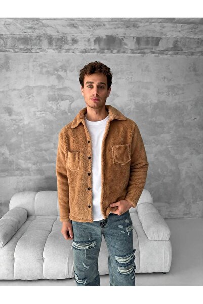 Hazhers Men's Plush Teddy Jacket Oversized Shirt Collar Buttoned Pocketed Win...