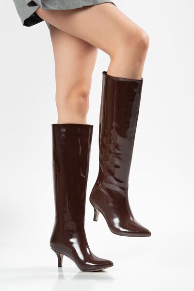 Zerenyus Zri̇nx-2025 Premium Brown Patent Leather Women's Boots 6.5 cm