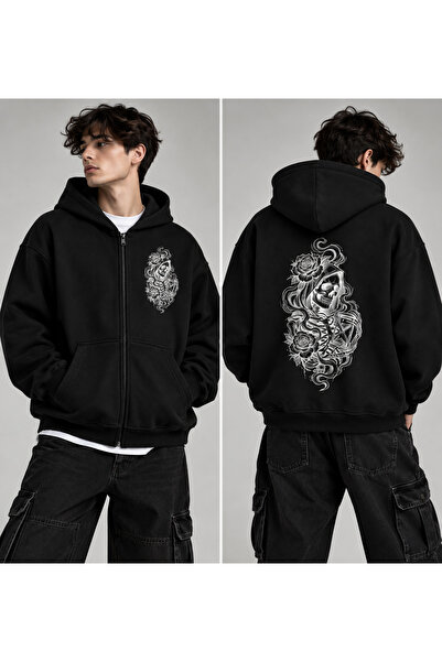 Dupe Design Unisex Gotik Oversize Fermuarlı Kapüşonlu Hırka İskelet Gül Baskı...