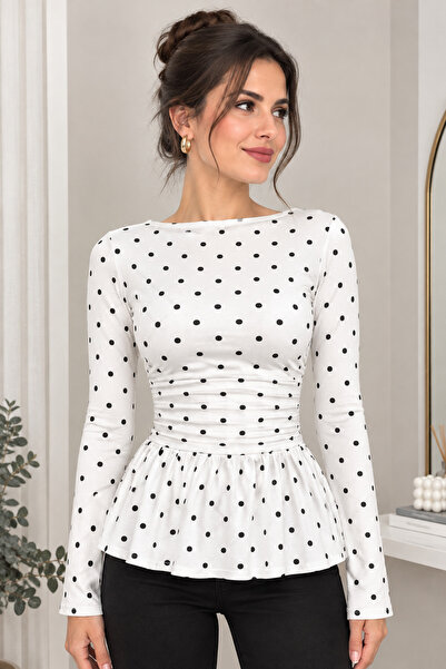 WEEST MODA White Polka Dot Ruffled Skirt Gathered Boat Neck Blouse