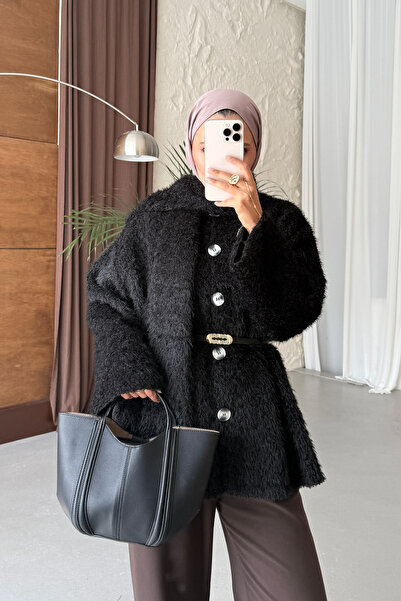ensade Oversized Women's Jacket with Scarf Detail and Teddy Puff Buttons