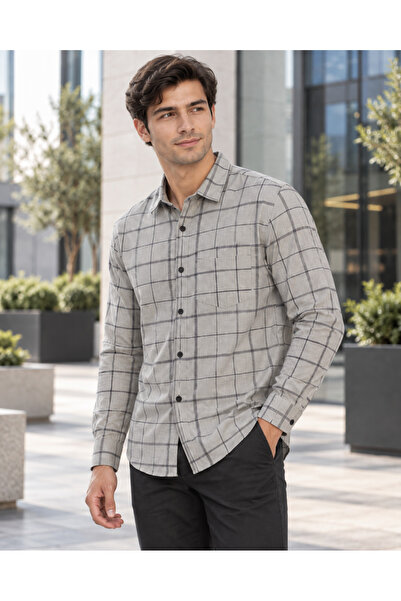 GFT FASHION Men's Long Sleeve Plaid Shirt Light Grey Black