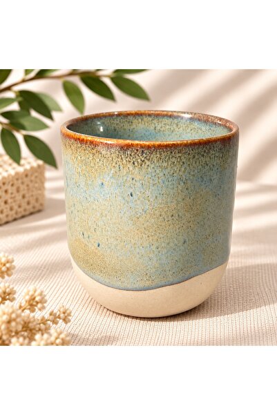 Ranowa Ceramic Ranowa El Yapımı Stoneware Kulpsuz Kupa 170 ml. – Mavi Bej Sır...