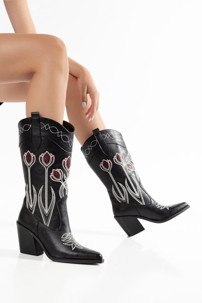 MS SUGAR SHOES Women's Cowboy Boots - Embroidered Pointed Toe Thick Heel