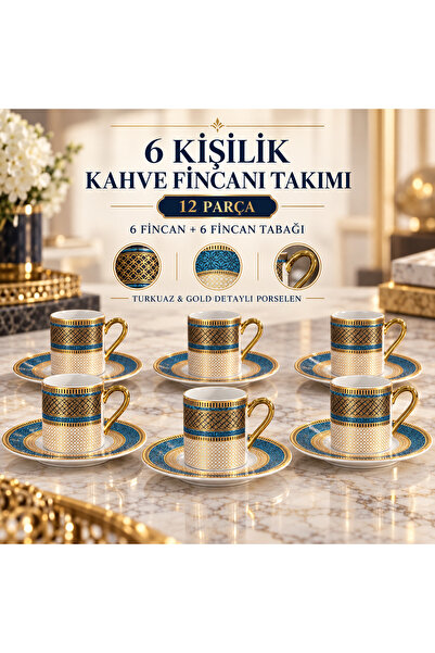 Genel Markalar 6 Kişilik 12 Parça Porselen Kahve Fincanı Takımı – Turkuaz, Si...