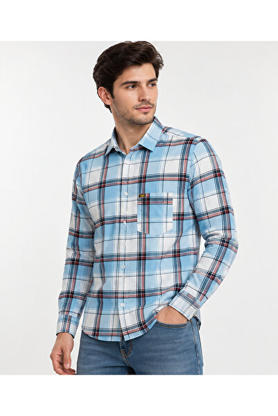 GFT FASHION Men's Long Sleeve Plaid Shirt Light Blue