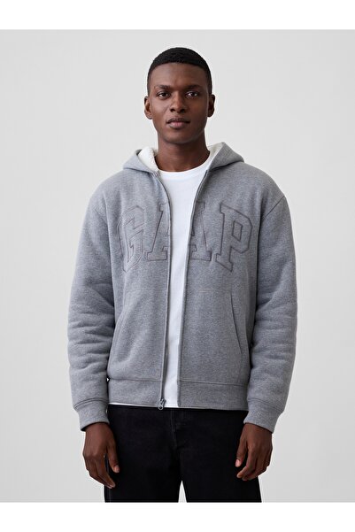 GAP Erkek Gri Relaxed Logo Sherpa Astarlı Fermuarlı Sweatshirt