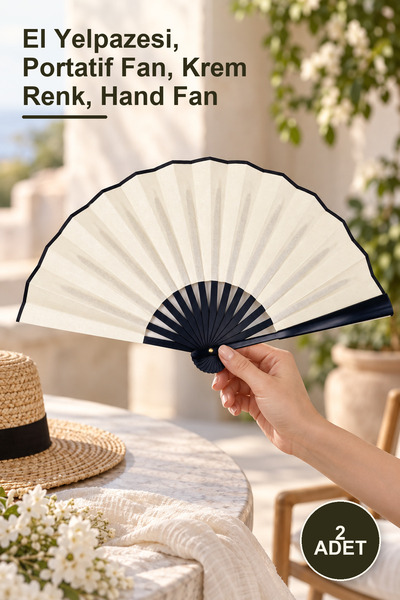 Yenilig 2 Adet Plastik Kumaş Yelpaze – El Yelpazesi, Portatif Fan, Krem Renk, Hand Fan