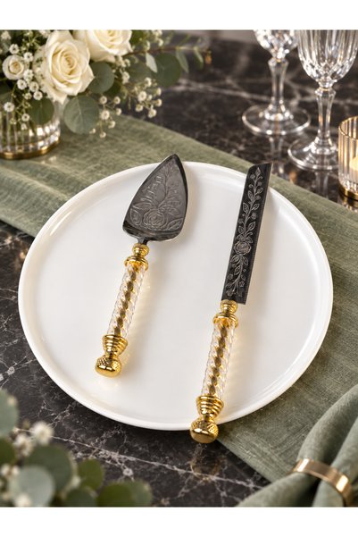 MAY HOME 2'Li Cam Saplı Pasta Servis Seti & Bıçak Spatula Paslanmaz Çelik