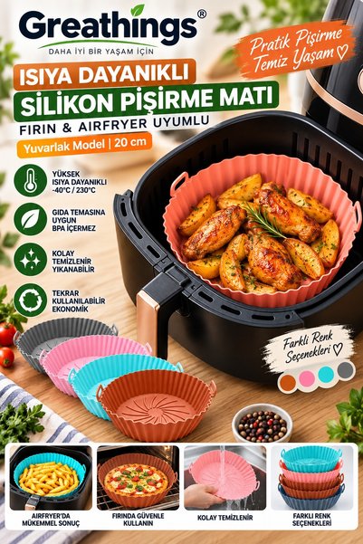 Greathings 20 Cm Yuvarlak Airfryer Silikon Pişirme Kabı Isıya Dayanıklı Yıkan...