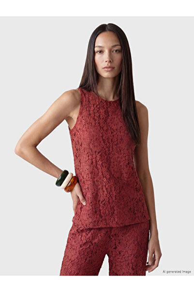 LC Waikiki Vizyon New Season Burgundy Crew Neck Lace Blouse