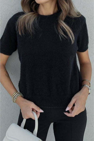 Perry Boutique سترة سوداء قصيرة الأكمام ذات ملمس ناعم