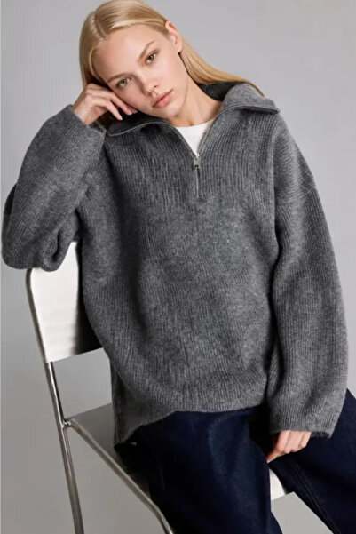 DeFacto Oversized Polo Collar Short Zipper Anthracite Sweater H2635Ax26Wn